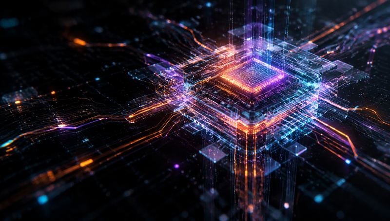 AI 芯片与神经网络的科技感概念图